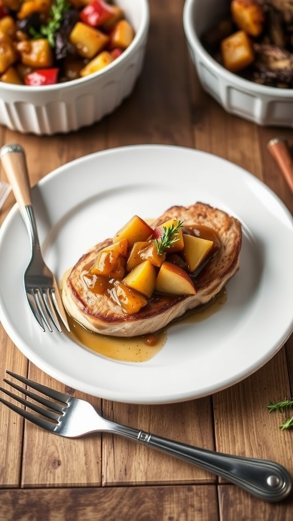 A juicy pork chop with apple compote on a rustic wooden table, garnished with thyme.